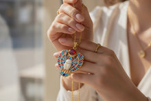 Load and play video in Gallery viewer, Gold Winged Scarab Pendant, Egyptian Revival Necklace, Mother of Pearl &amp; Enamel
